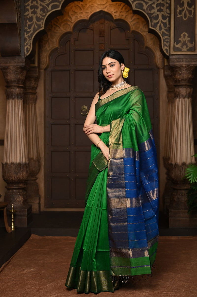 Green Handloom Cotton Silk Saree With Golden Border