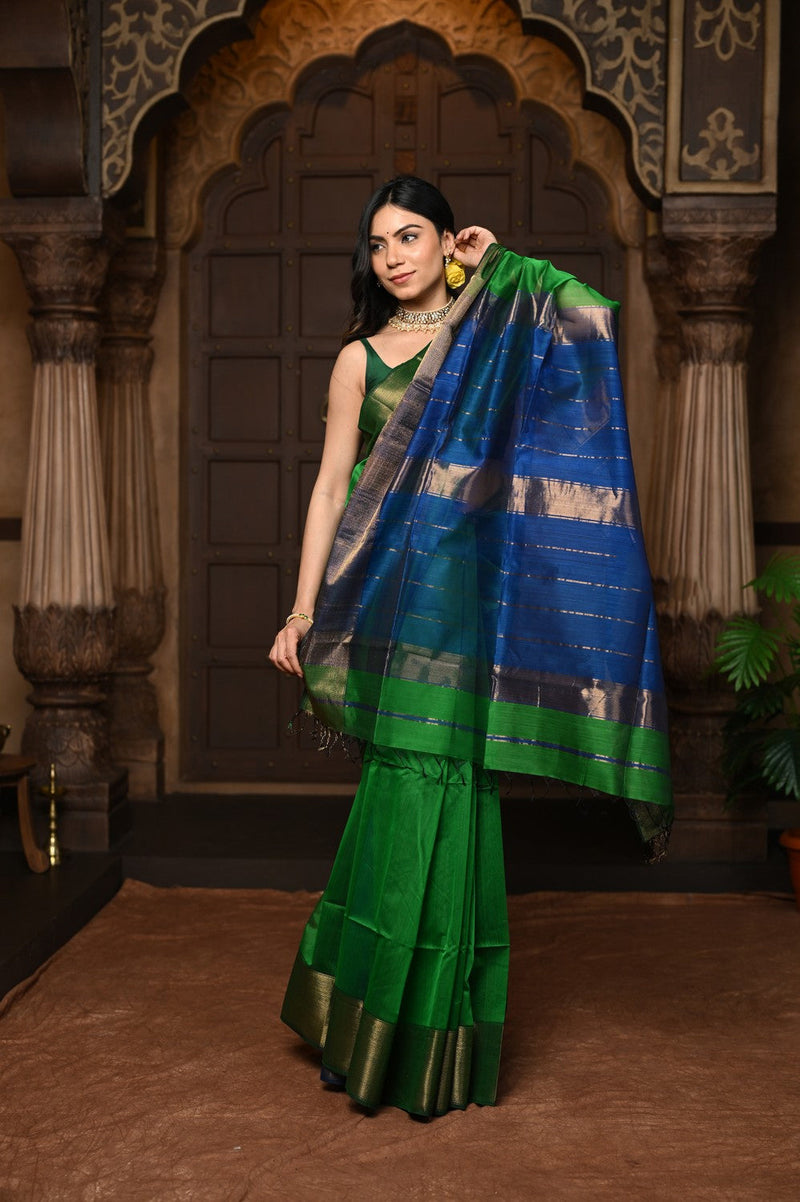Green Handloom Cotton Silk Saree With Golden Border