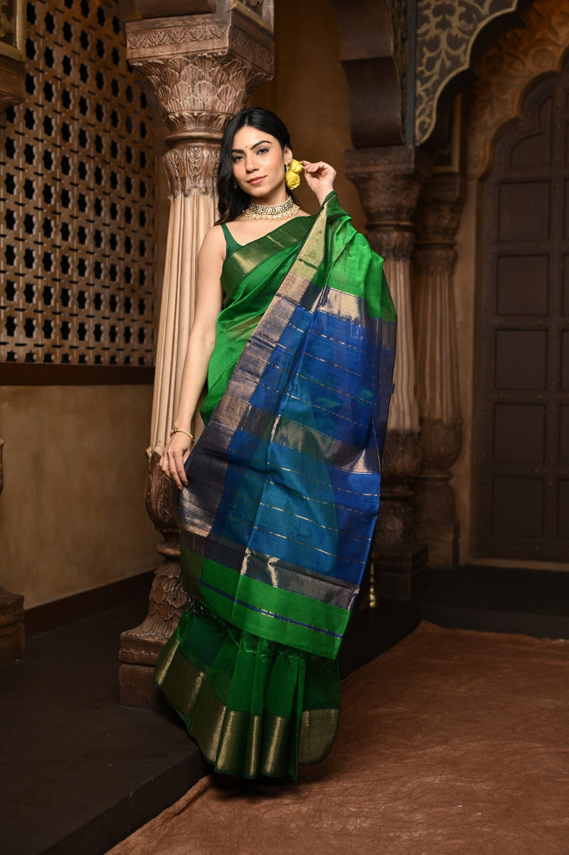 Green Handloom Cotton Silk Saree With Golden Border