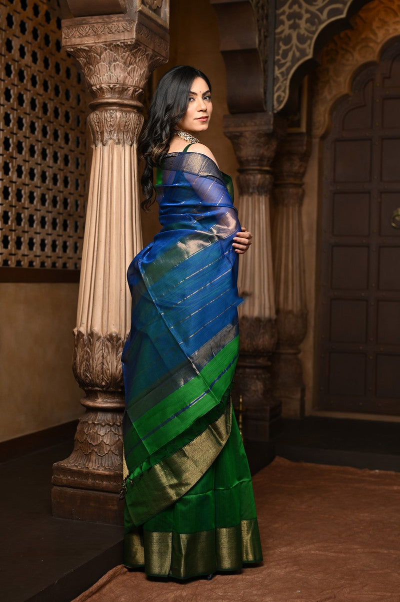 Green Handloom Cotton Silk Saree With Golden Border