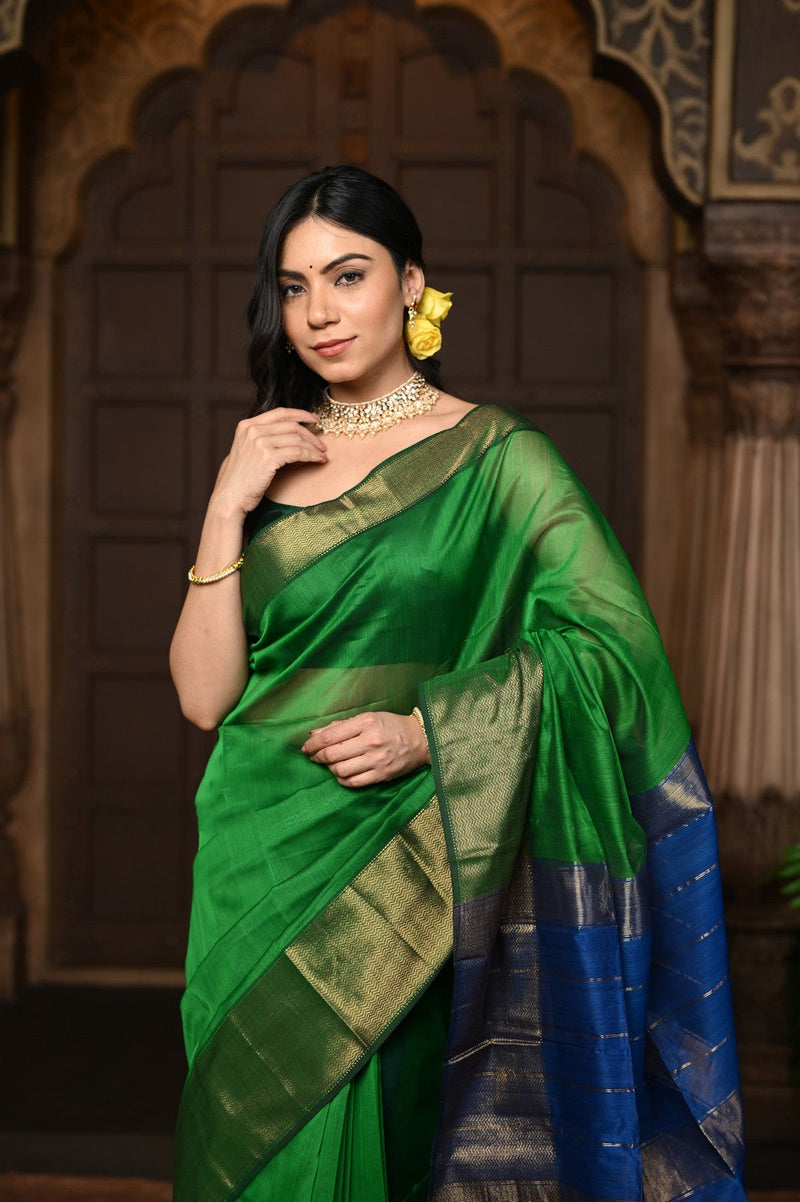 Green Handloom Cotton Silk Saree With Golden Border