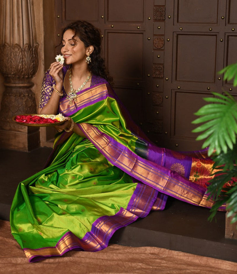 Parampara Green Handloom Pure Silk Maharani Paithani Saree