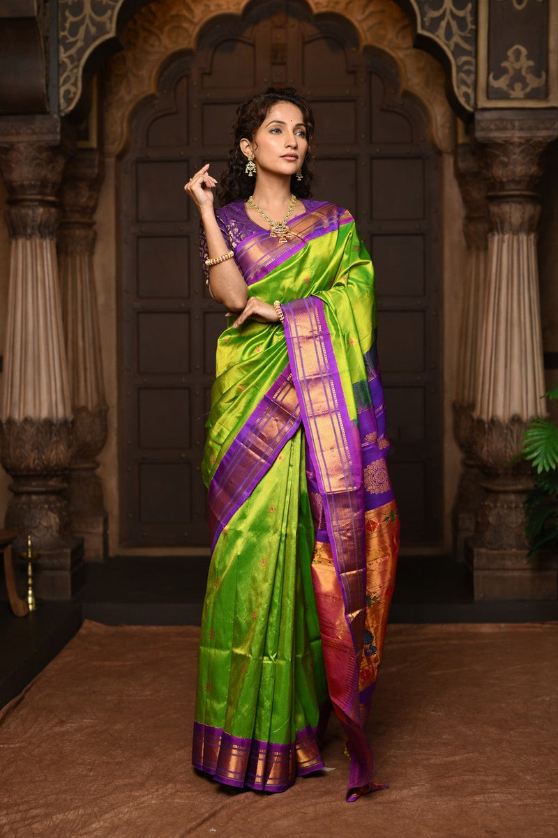 Parampara Green Handloom Pure Silk Maharani Paithani Saree