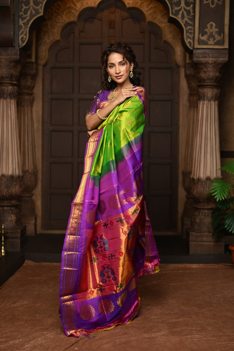 Parampara Green Handloom Pure Silk Maharani Paithani Saree