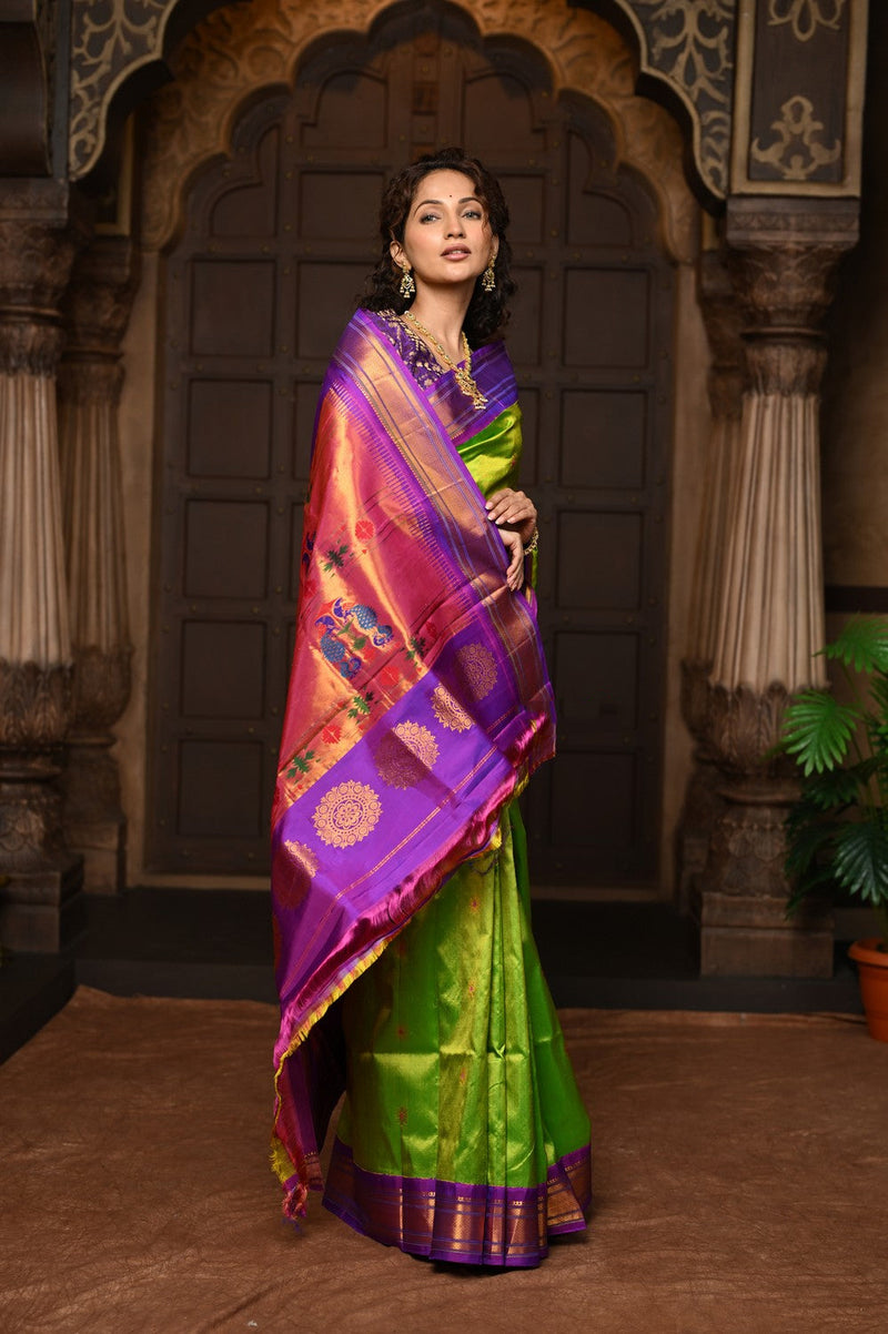 Parampara Green Handloom Pure Silk Maharani Paithani Saree