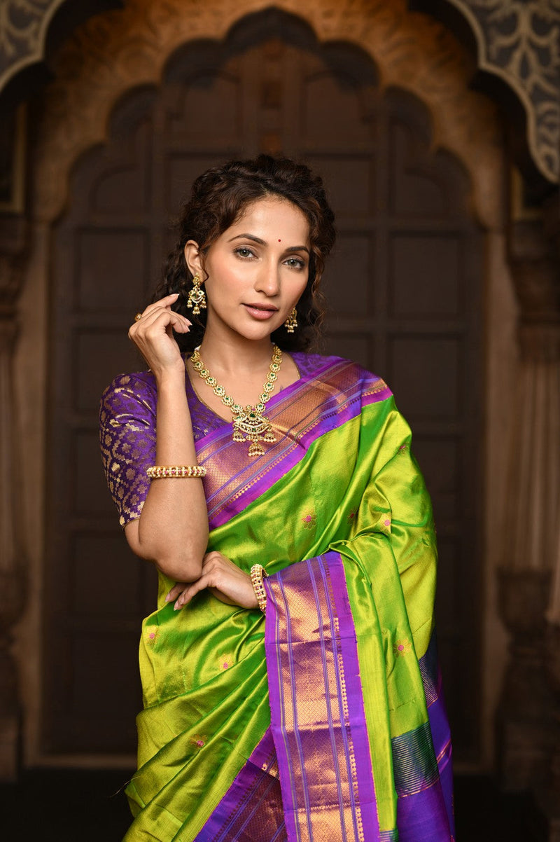 Parampara Green Handloom Pure Silk Maharani Paithani Saree