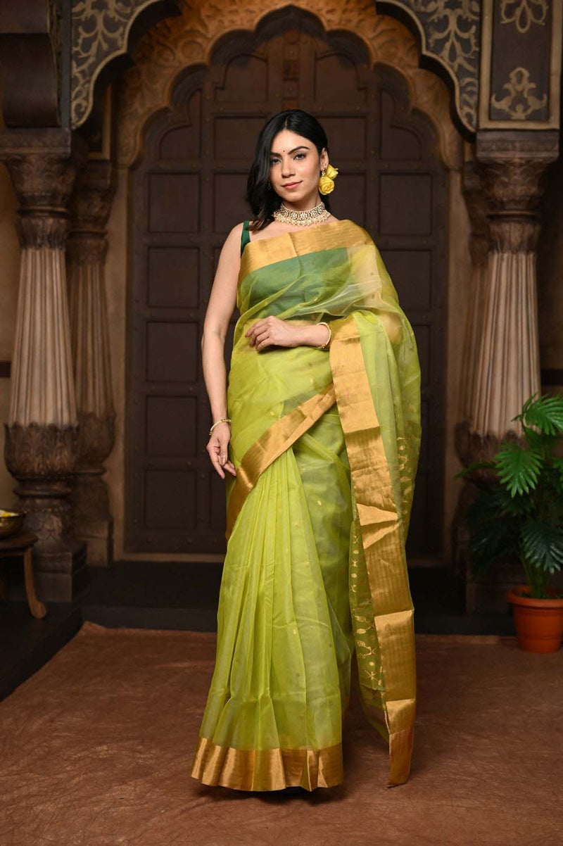 Green Pure Silk Chanderi Saree with Golden Border