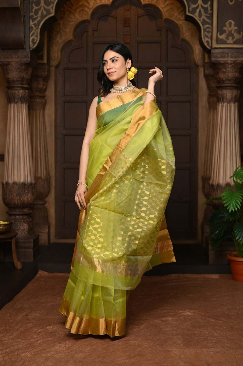 Green Pure Silk Chanderi Saree with Golden Border