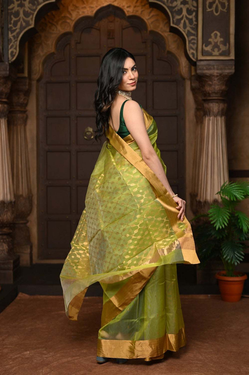 Green Pure Silk Chanderi Saree with Golden Border
