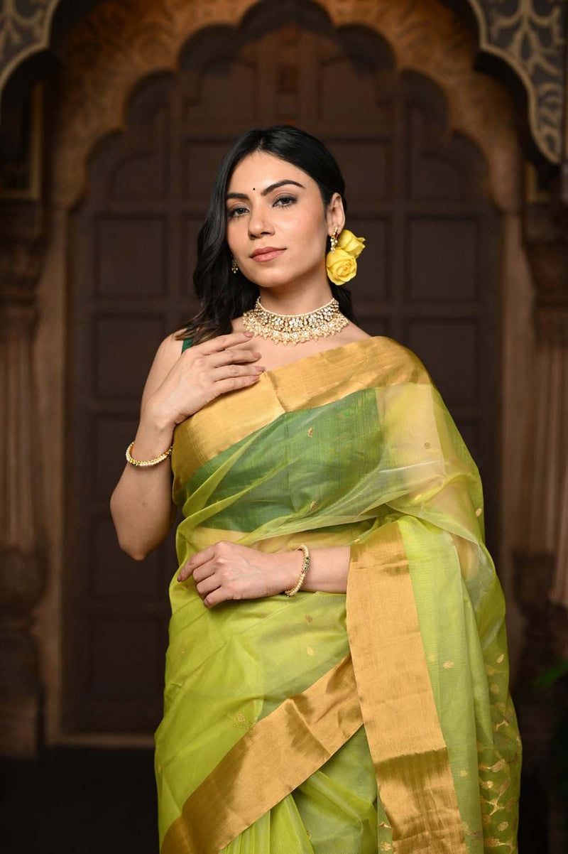 Green Pure Silk Chanderi Saree with Golden Border