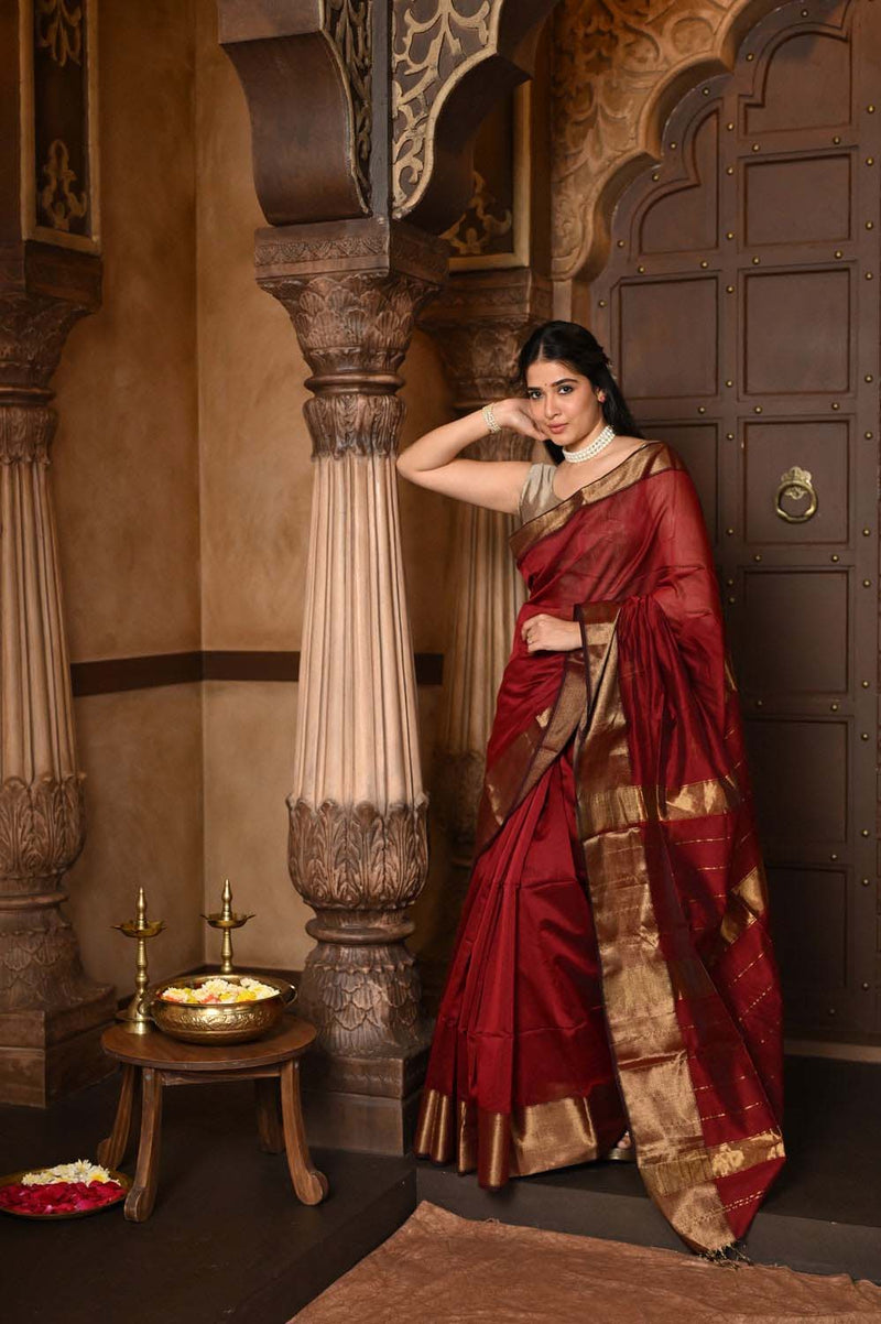 Maroon Handloom Cotton Silk Saree With Golden Border