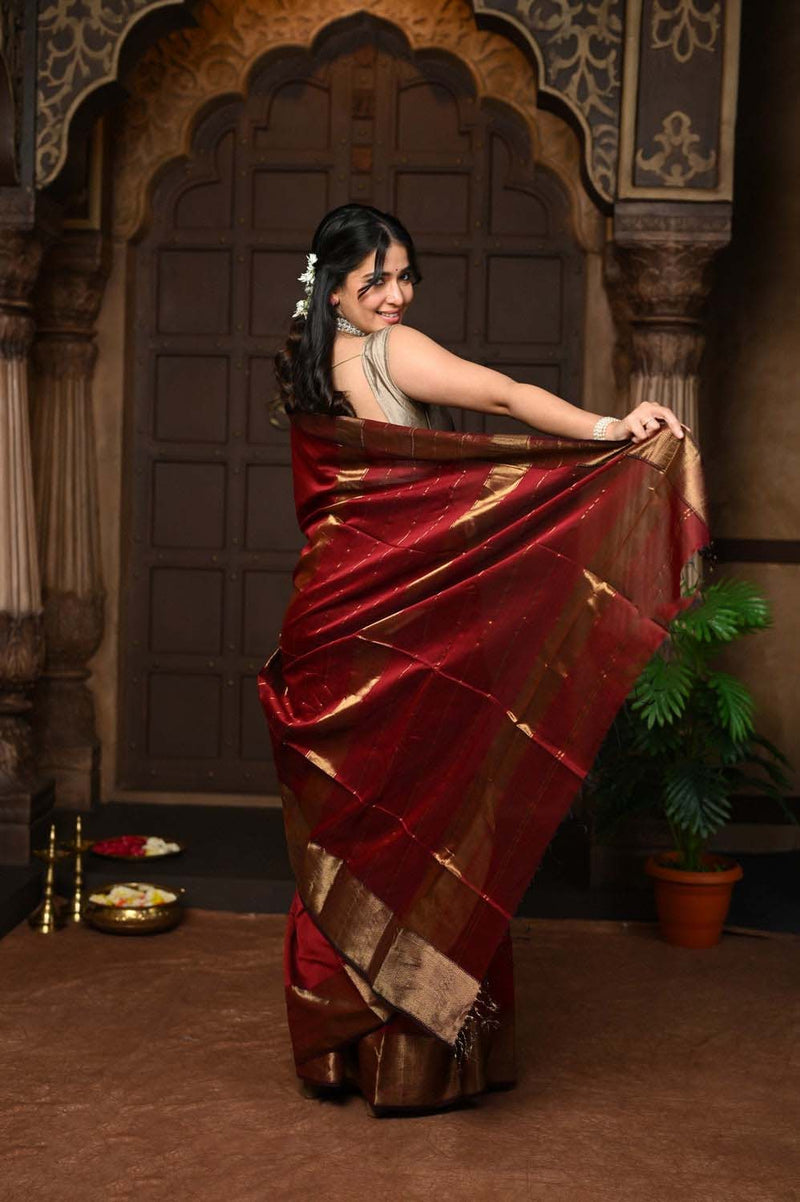 Maroon Handloom Cotton Silk Saree With Golden Border