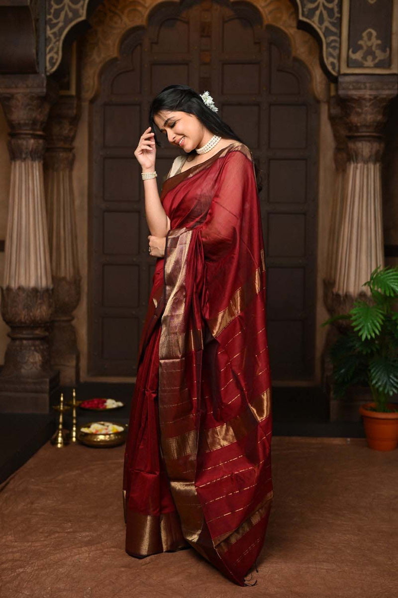 Maroon Handloom Cotton Silk Saree With Golden Border