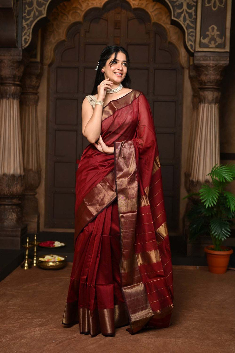 Maroon Handloom Cotton Silk Saree With Golden Border
