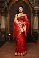 Red Pure Silk Chanderi Saree With Golden Border