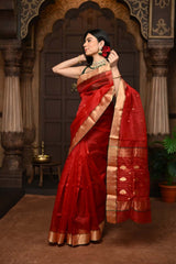 Red Pure Silk Chanderi Saree With Golden Border