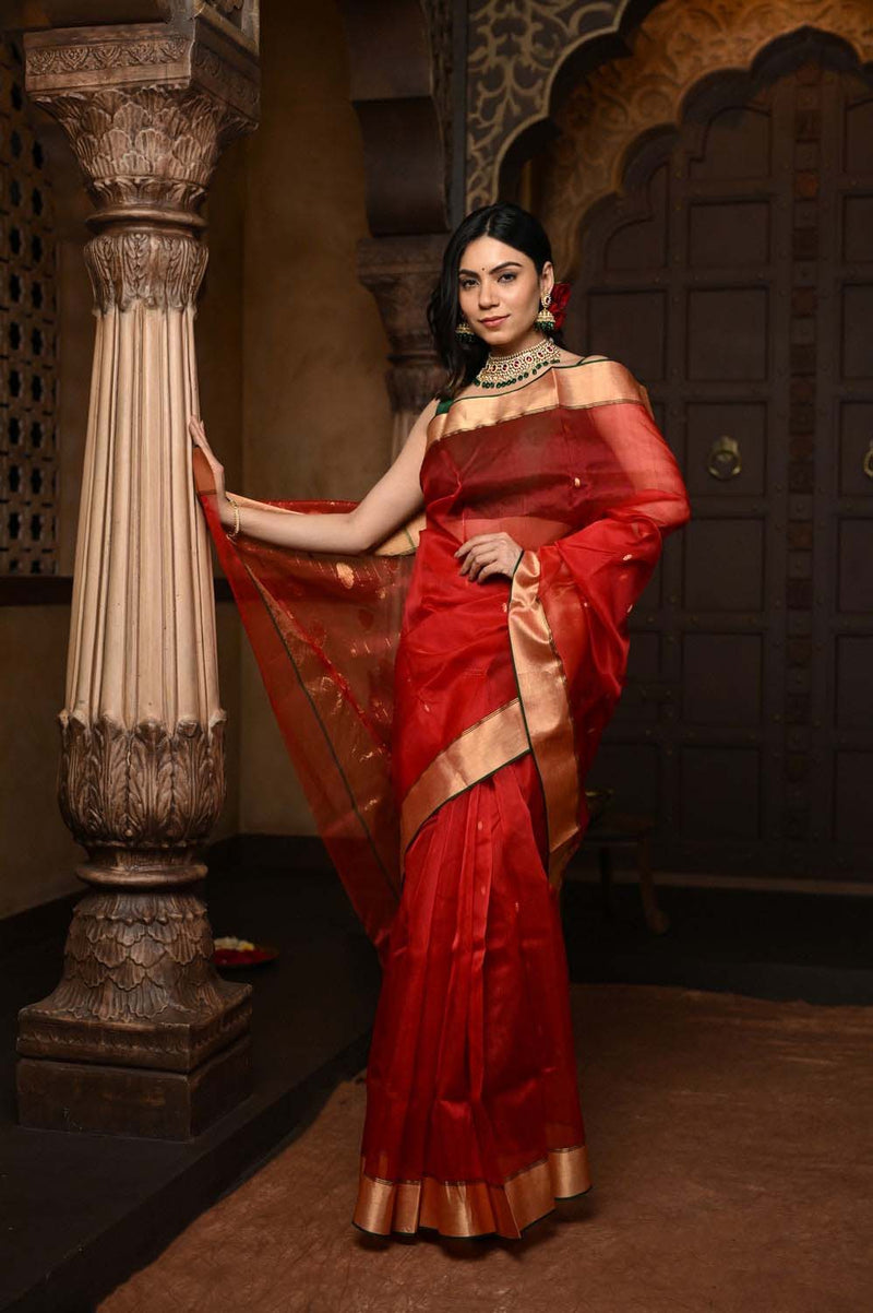 Red Pure Silk Chanderi Saree With Golden Border