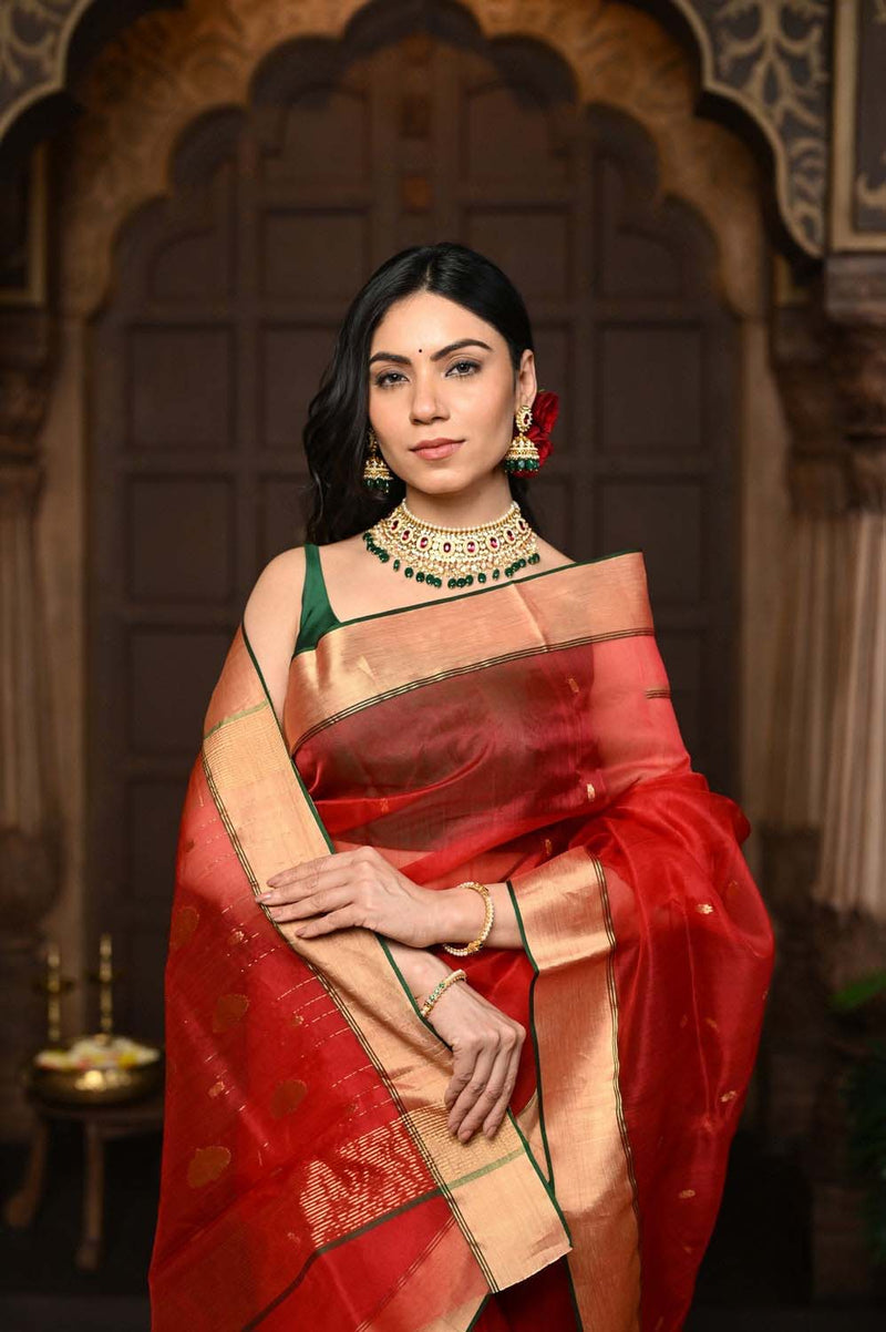 Red Pure Silk Chanderi Saree With Golden Border