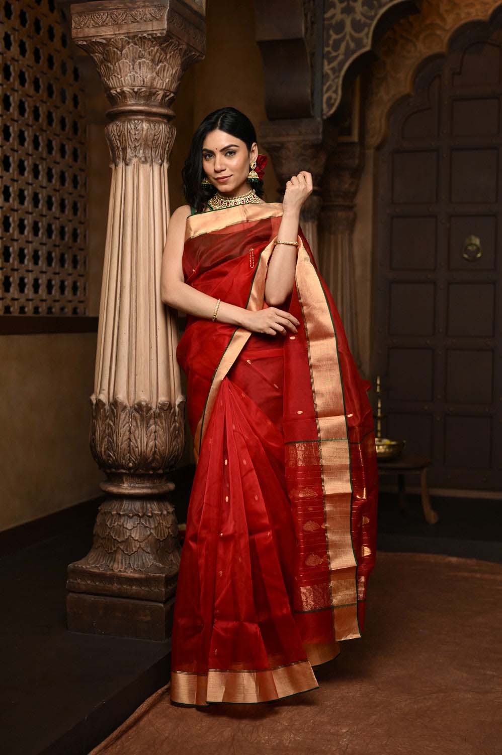 Red Pure Silk Chanderi Saree With Golden Border
