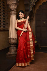 Red Pure Silk Chanderi Saree With Golden Border