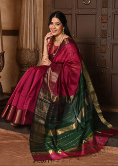 Rose Pink Handloom Cotton Silk Saree With Golden Border