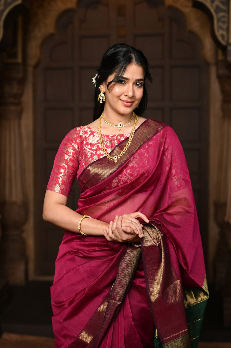 Rose Pink Handloom Cotton Silk Saree With Golden Border