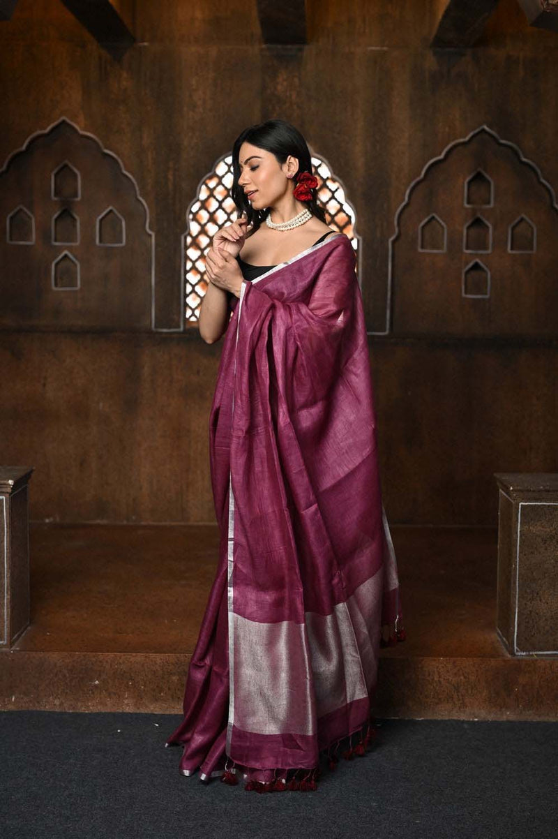 Rose Pink Handloom Pure Linen Saree With Sleek Border