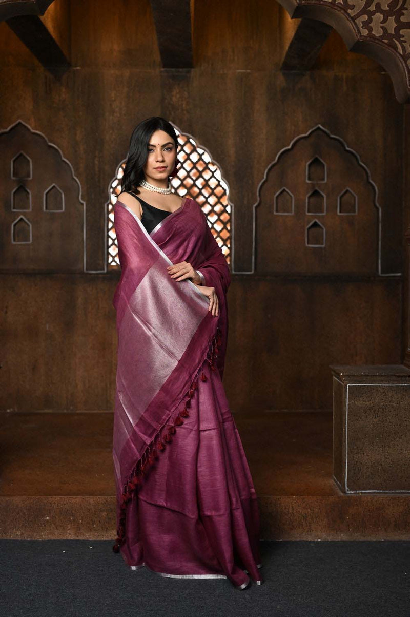 Rose Pink Handloom Pure Linen Saree With Sleek Border