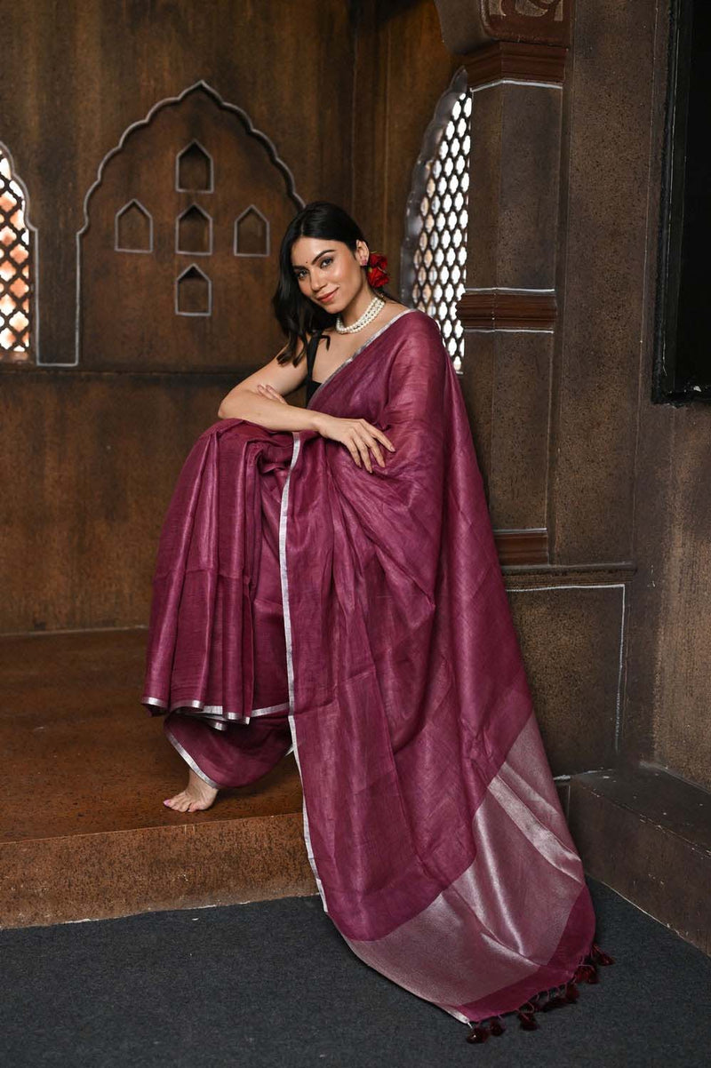 Rose Pink Handloom Pure Linen Saree With Sleek Border