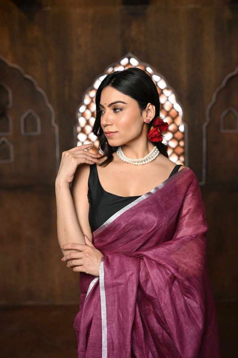 Rose Pink Handloom Pure Linen Saree With Sleek Border