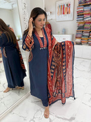 Navy Cotton Mirror Embroidered Suit Set