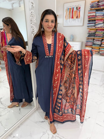 Navy Cotton Mirror Embroidered Suit Set
