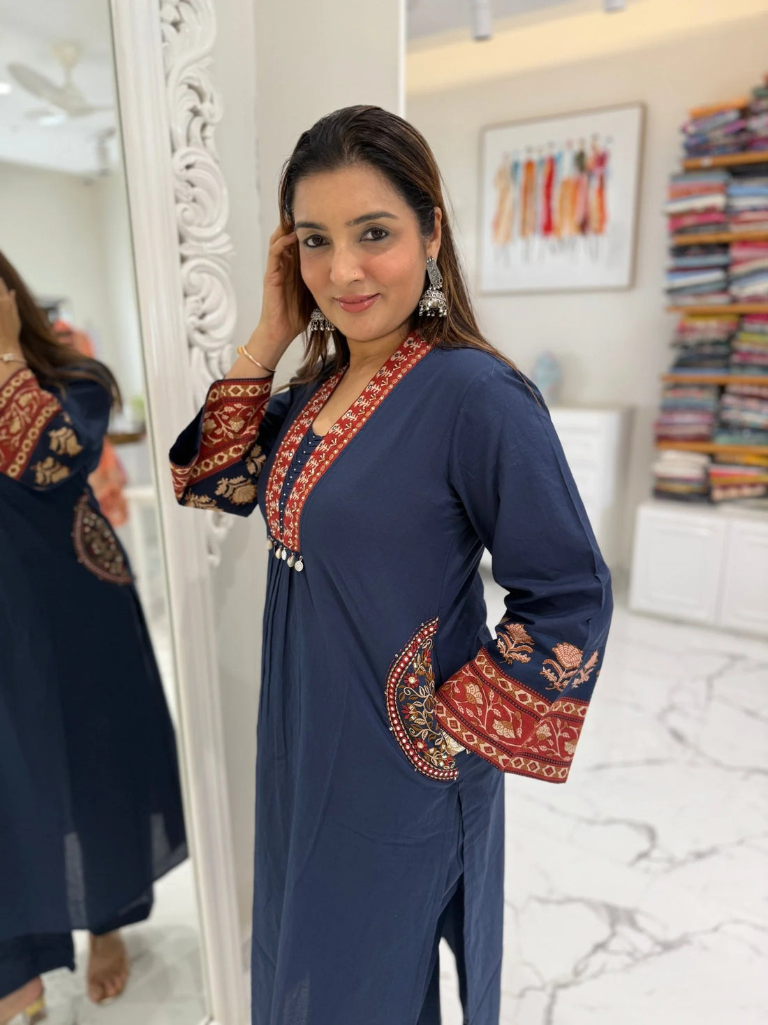 Navy Cotton Mirror Embroidered Suit Set