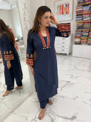 Navy Cotton Mirror Embroidered Suit Set