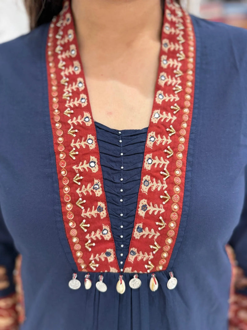 Navy Cotton Mirror Embroidered Suit Set
