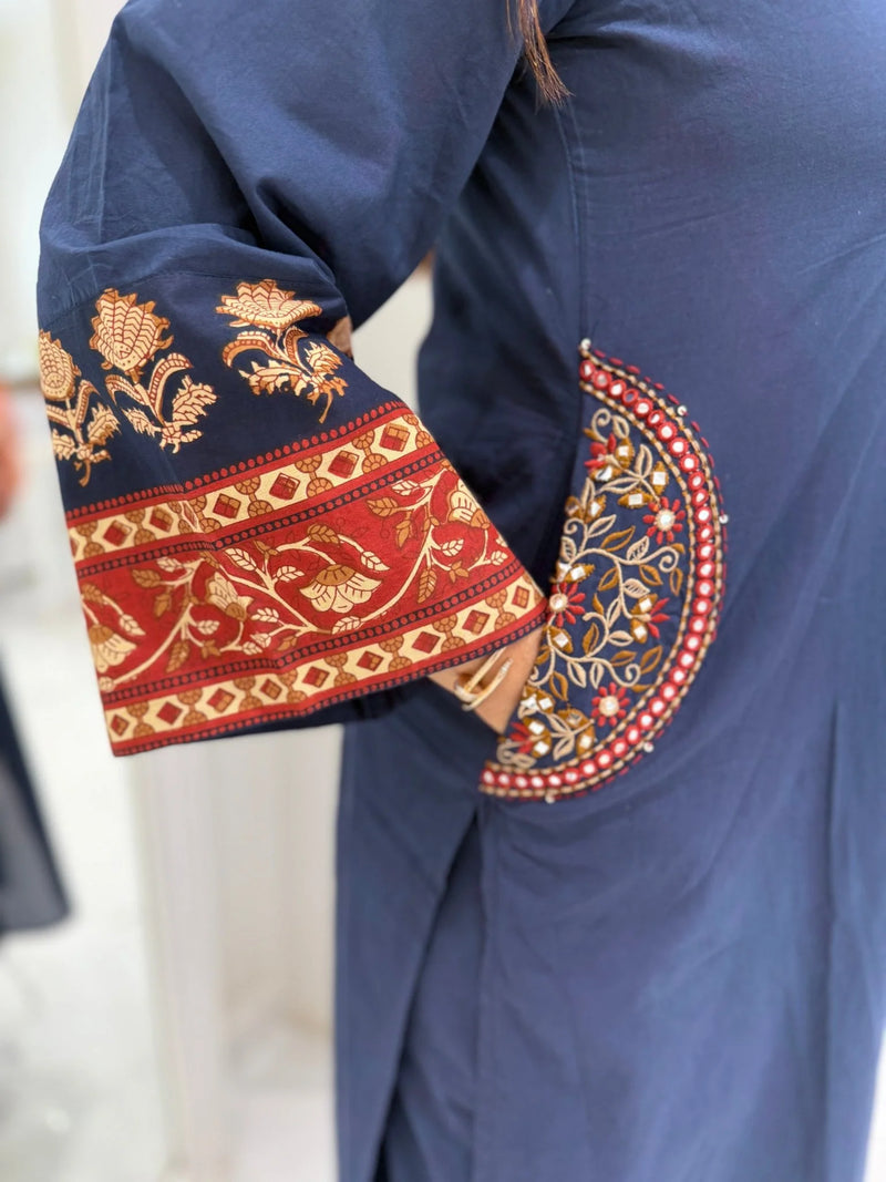 Navy Cotton Mirror Embroidered Suit Set