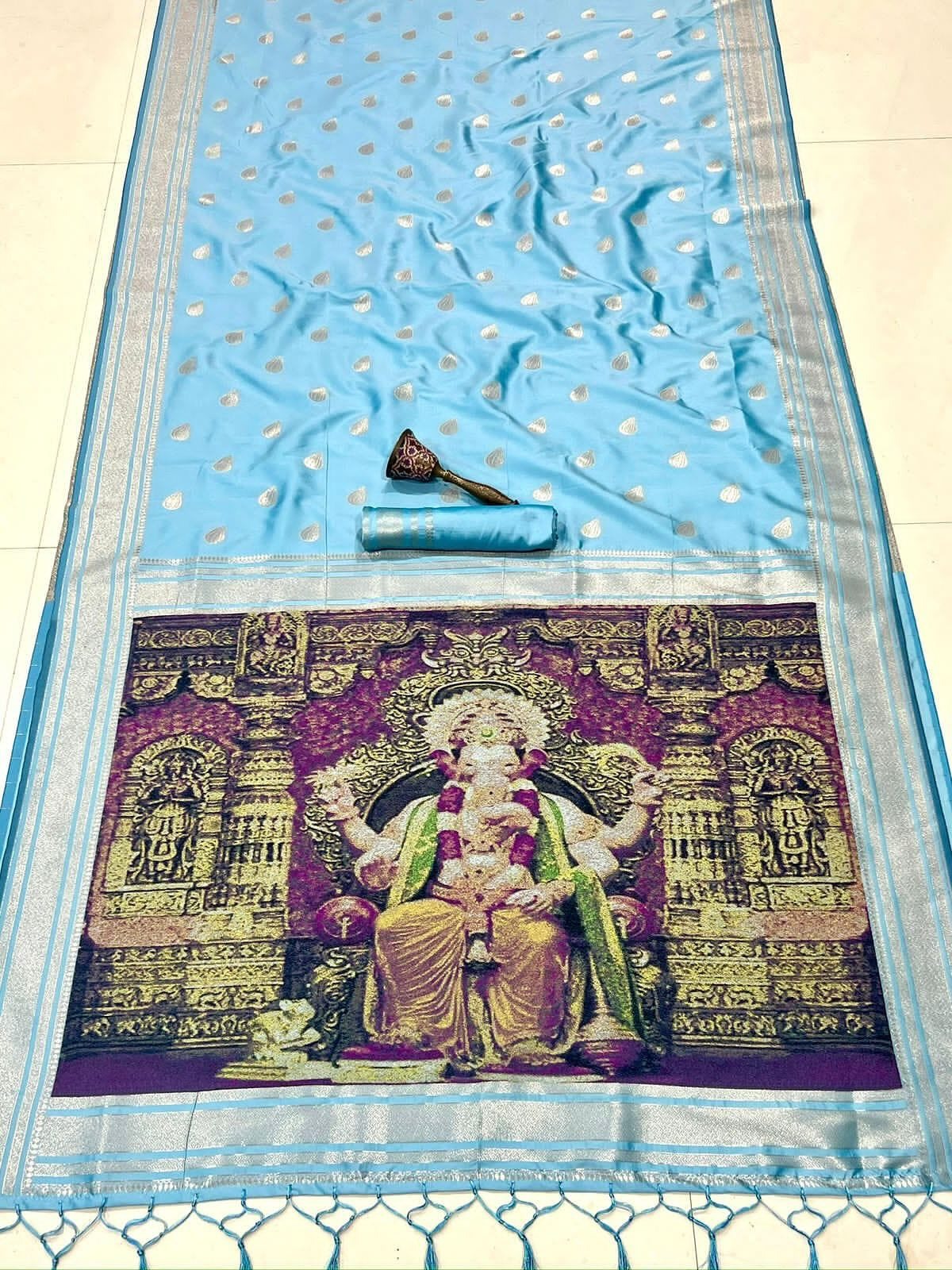 Pastel blue paithani silk ganpati design saree