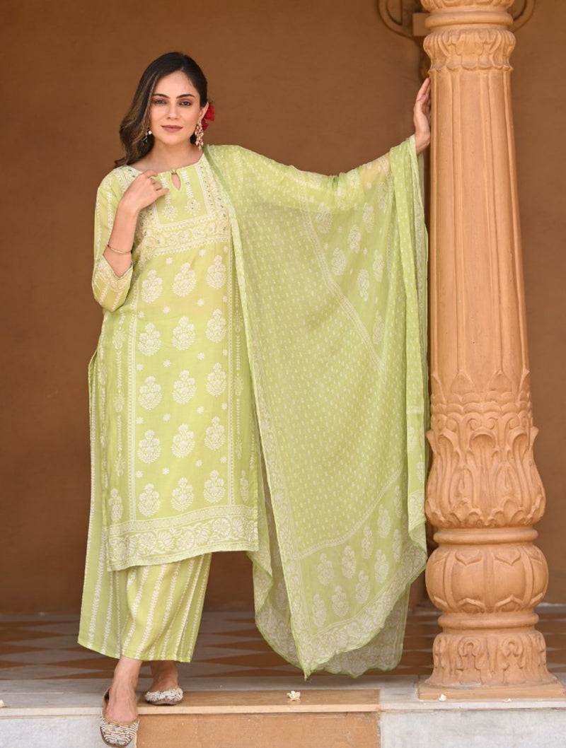 Pastel Green Muslin Suit Set with chiffon Dupatta