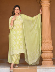 Pastel Green Muslin Suit Set with chiffon Dupatta