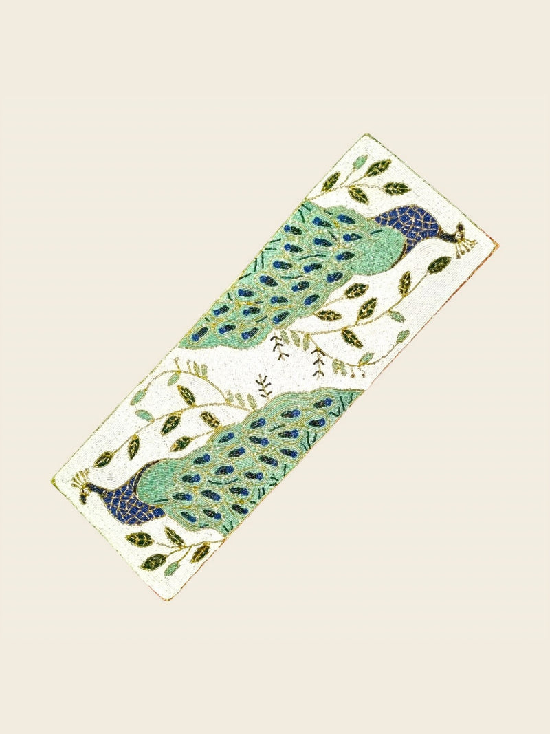 White Blue Beaded Floral Table Runner