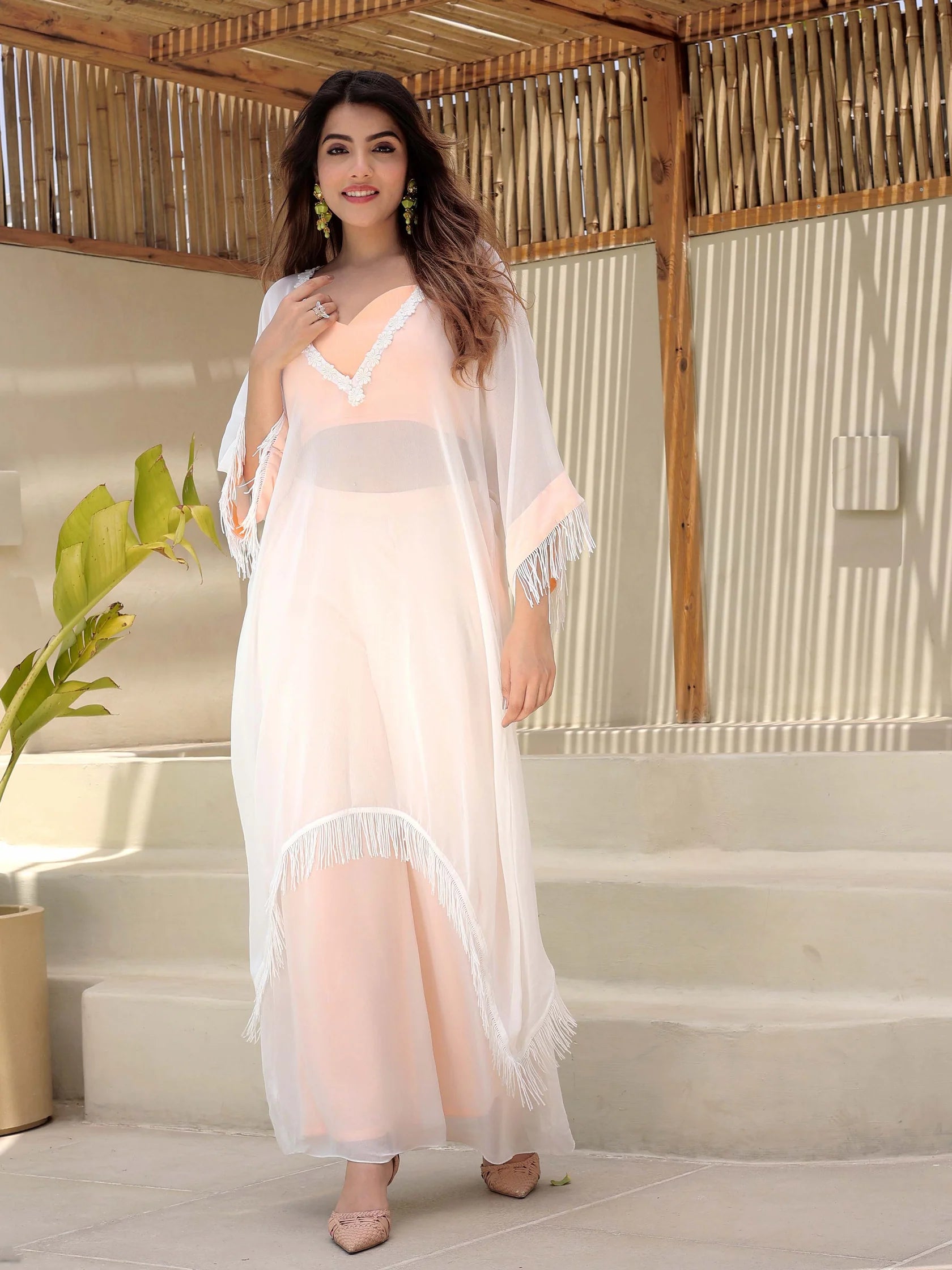 Peach Fringe Kaftaan Set