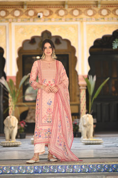 Peach Panel Print Muslin Suit Set with Organza Dupatta