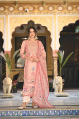 Peach Panel Print Muslin Suit Set with Organza Dupatta