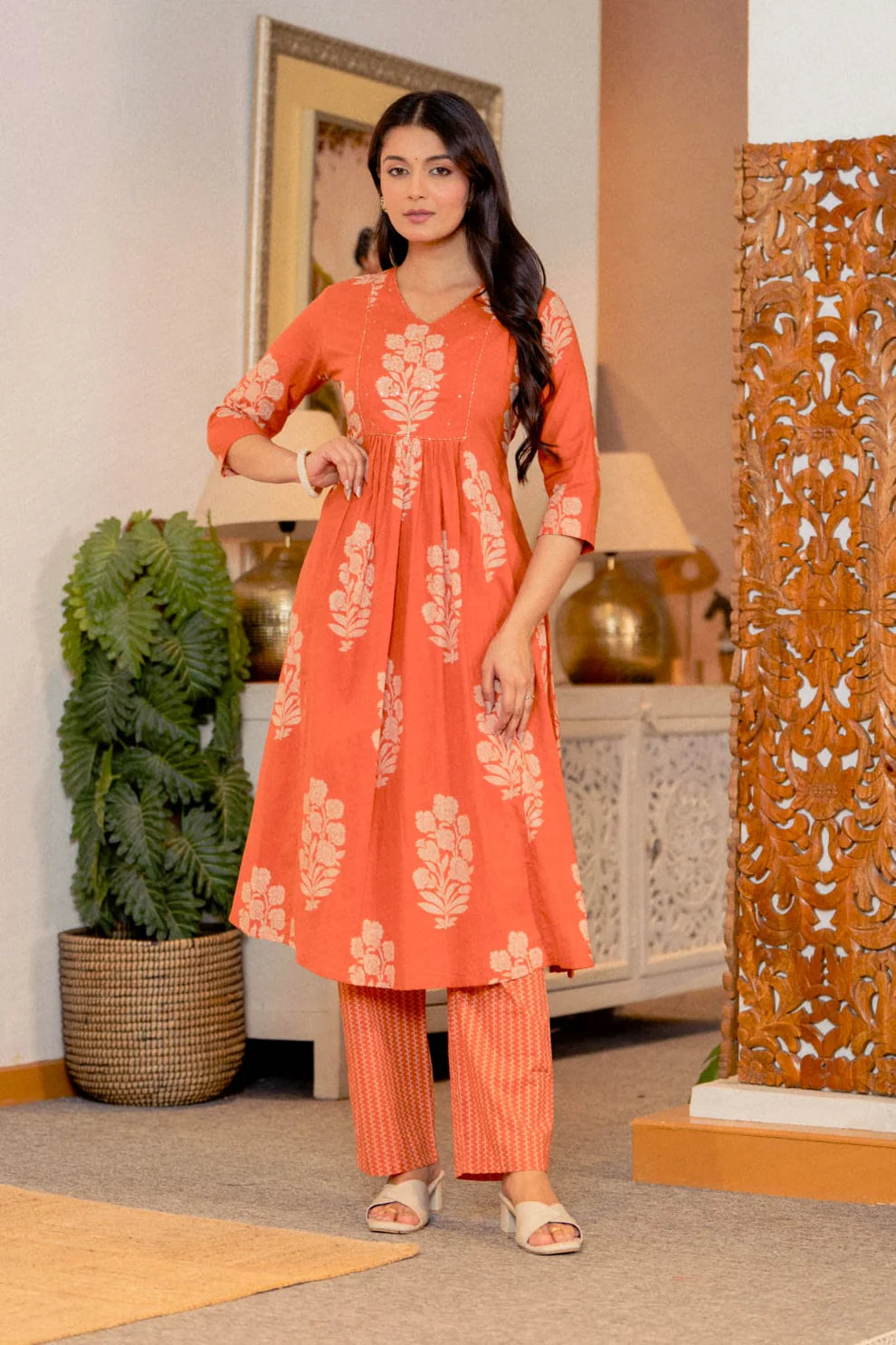 Rust Orange Pleated Cotton Suit Set with Dupatta