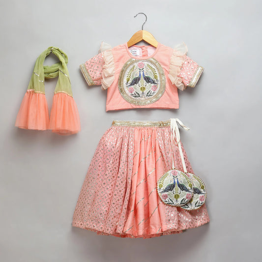 Peach Peacock Printed Chanderi Lehenga Set