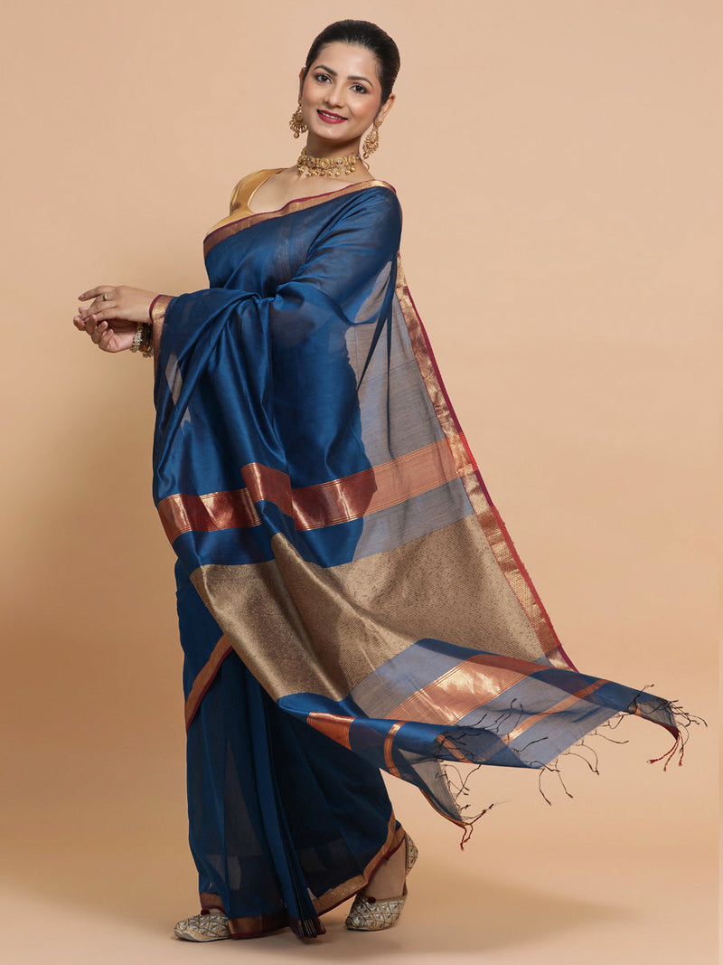 Peacock Blue Maheshwari Silk Cotton Saree