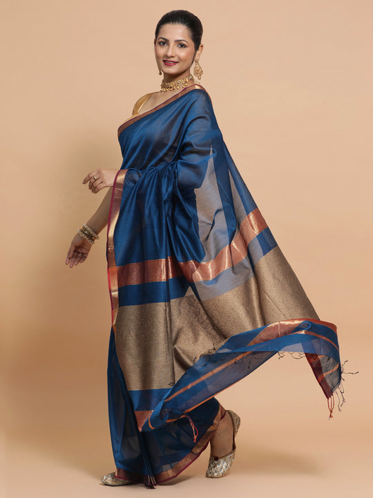 Peacock Blue Maheshwari Silk Cotton Saree
