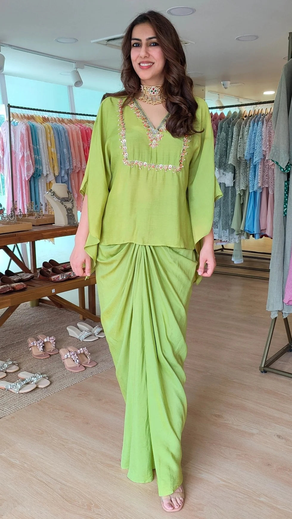 Lime Green Muslin Embroidered Kaftan Top & Skirt Set