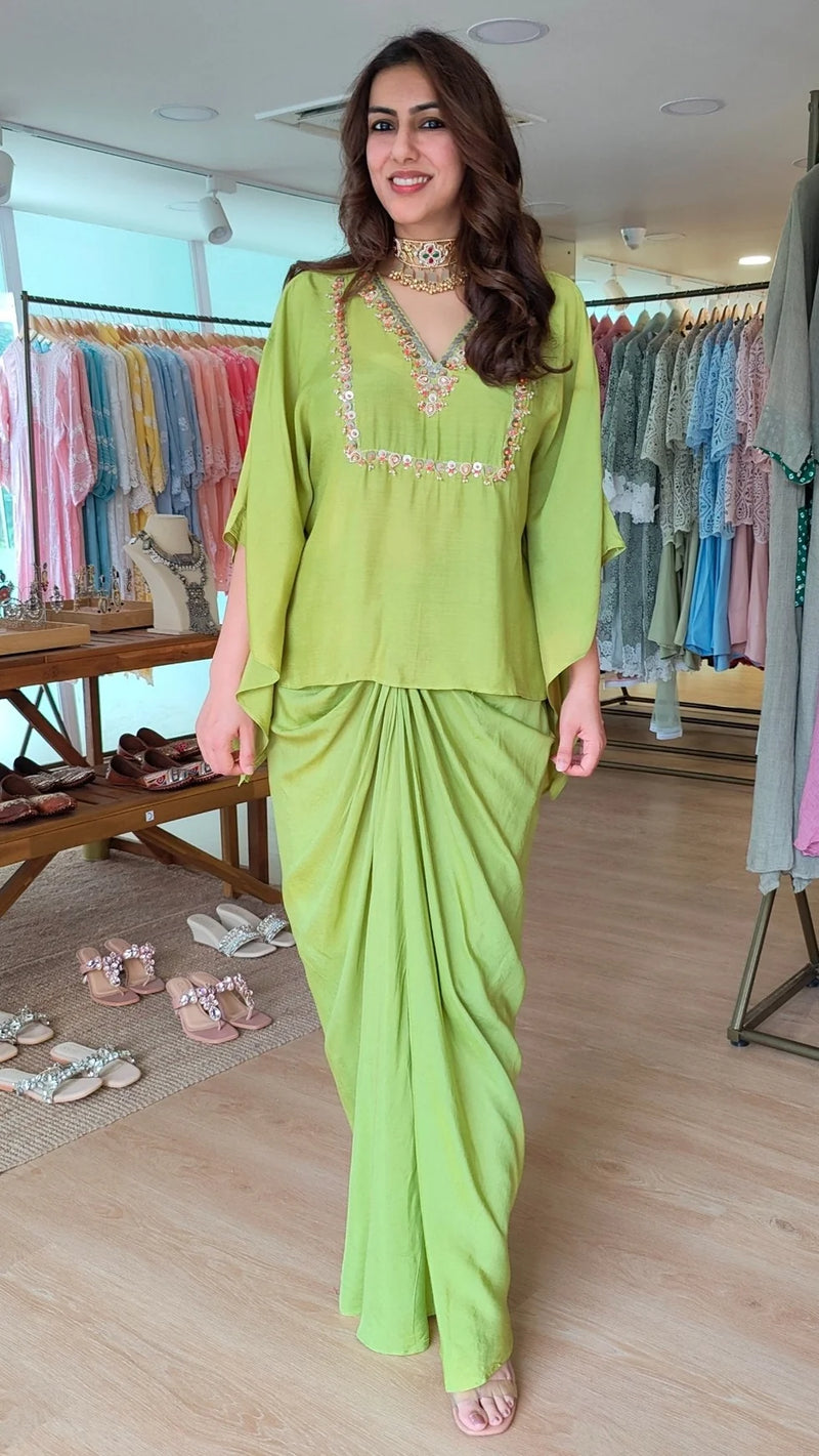 Lime Green Muslin Embroidered Kaftan Top & Skirt Set