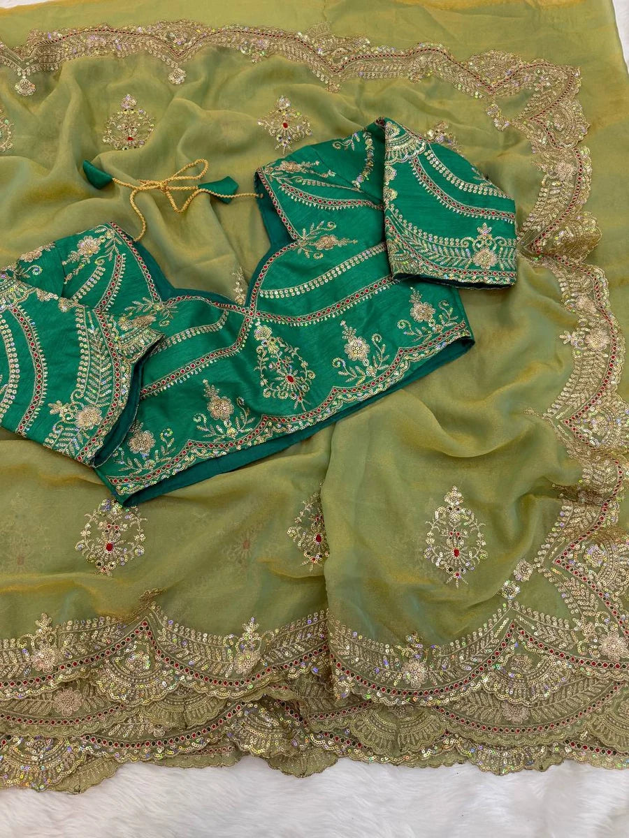 Sage Green Moss Chiffon Embroidered Saree